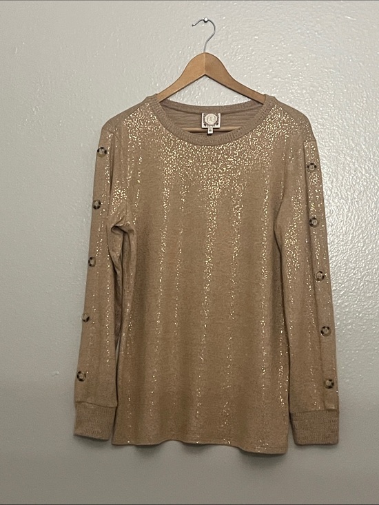 Trueself Tops - Holiday Glittery Beige Sparkle Crewneck Sweater with Button-Trim Sleeves